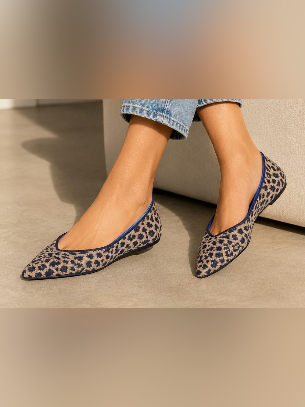 Rothy's Leopard-Print Pointed Flats in Navy and Tan